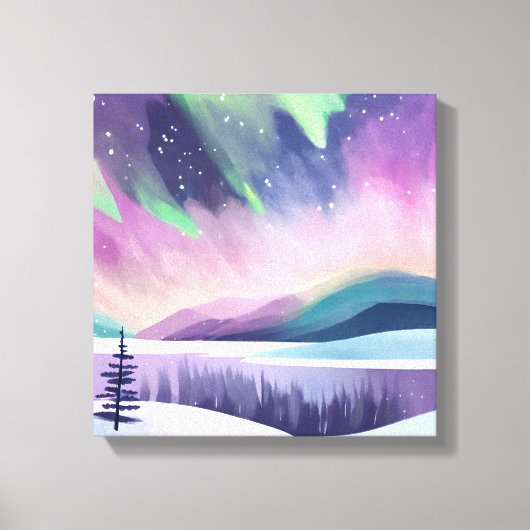 ノーザンライツカラフルウィンターナイト | 水彩画 キャンバスプリント (正面)