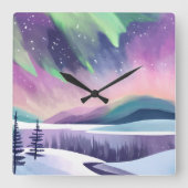 ノーザンライツカラフルウィンターナイト | 水彩画 スクエア壁時計 (正面)