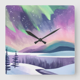 ノーザンライツカラフルウィンターナイト | 水彩画 スクエア壁時計