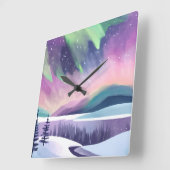 ノーザンライツカラフルウィンターナイト | 水彩画 スクエア壁時計 (傾斜)