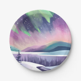 ノーザンライツカラフルウィンターナイト | 水彩画 ペーパープレート
