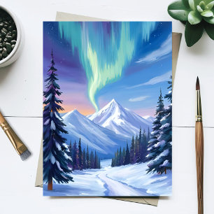 ノーザンライツ 冬の山の風景 水彩画 ポストカード
