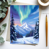 ノーザンライツ 冬の山の風景 水彩画 ポストカード