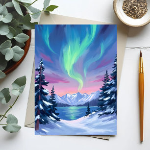 ノーザンライツ 山々 冬の水彩画 ポストカード