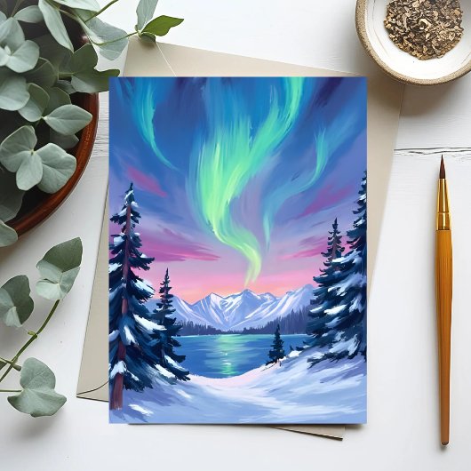ノーザンライツ | 山々 冬の水彩画 ポストカード
