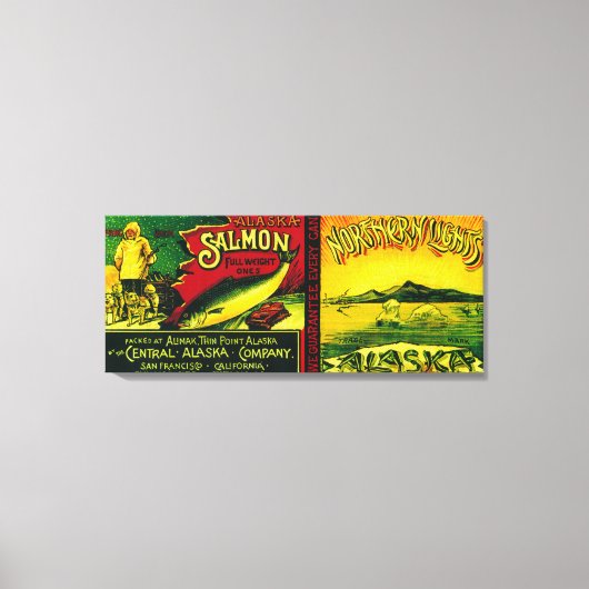ノーザンライトサーモン缶ラベル付けAlimak, AK キャンバスプリント (正面)