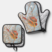 ノーザン(鳥)ショウジョウコウカンチョウ飛んでいるイン雪オリジナル写真 鍋つかみ&鍋敷きセット (正面/裏面)