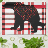 ノースウッ素朴ドブラックベアーシルエットOn Plaid キッチンタオル (折り畳み)