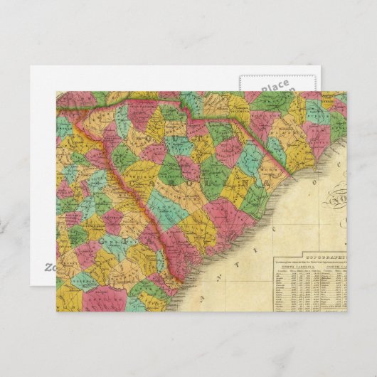 ノースカロライナとサウスカロライナの地図 ポストカード (正面/裏面)