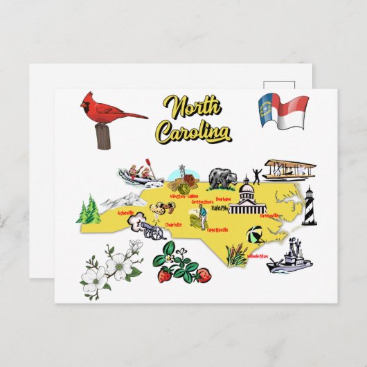 ノースカロライナの地図イラストレーション ポストカード (正面/裏面)