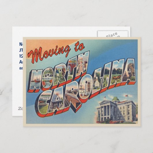 ノースカロライナ州へのヴィンテージ変更の住所 案内ポストカード (正面/裏面)