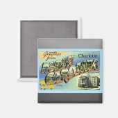 ノースカロライナ州シャーロットからの挨拶ヴィンテージ マグネット (正面/裏面)
