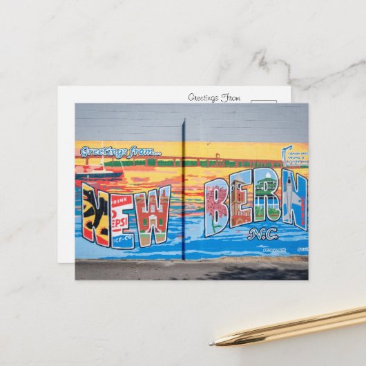 ノースカロライナ州ニューベルンからの挨拶 ポストカード (正面/裏面インサイチュ)