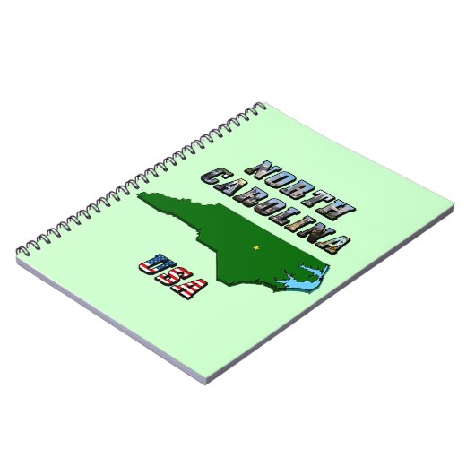 ノースカロライナ州地図の概要、写真と米国国旗の文字 ノートブック (左側)