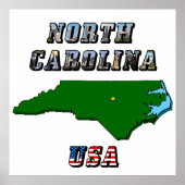 ノースカロライナ州地図の概要、写真と米国国旗の文字 ポスター (正面)