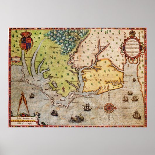 ノースカロライナ州沿岸のヴィンテージの地図(1591) ポスター (正面)