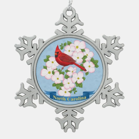 ノースカロライナ州(鳥)ショウジョウコウカンチョウバードハナミズキ花 スノーフレークピューターオーナメント (正面)