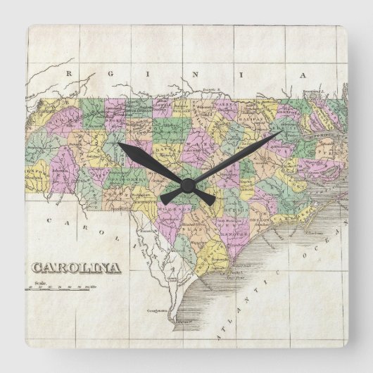 ノースカロライナ(1827年)のヴィンテージの地図 スクエア壁時計 (正面)