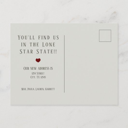 ノーステキサス州グリーンリネンアンドハートテキサス州ムービング 案内ポストカード (裏面)