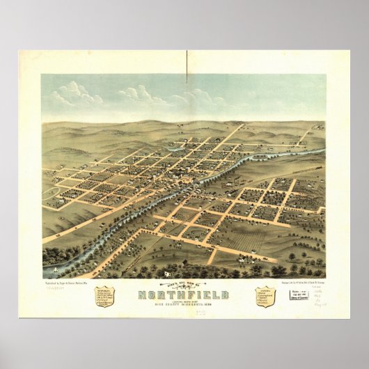 ノースフィールドミネソタ1869アンティークパノラママップ ポスター (正面)