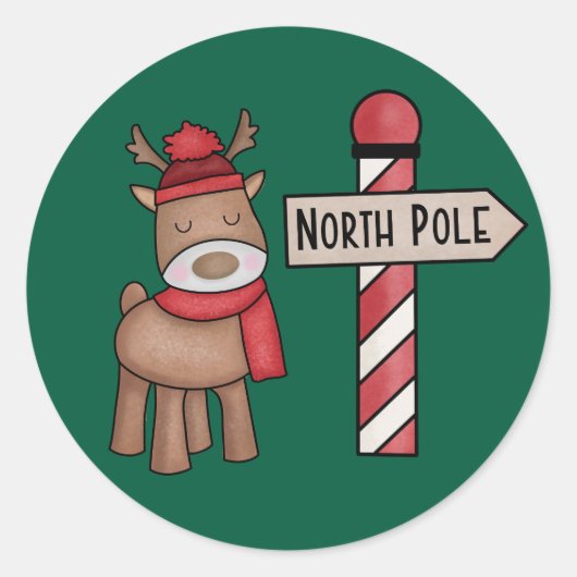ノースポールのビンテージスタイルのトナカイステッカー - 素朴なデザイン ラウンドシール (正面)