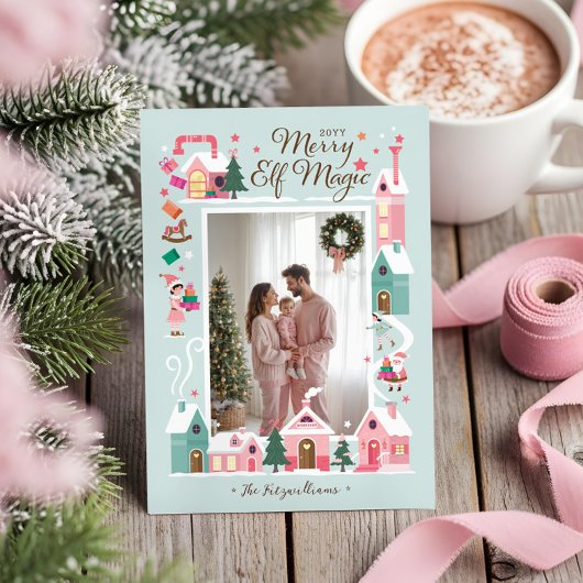 ノースポールピンク小妖精や小人ワークショップサンタ写真 シーズンカード