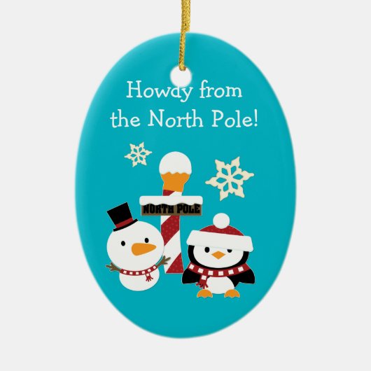 ノースポールペンギン雪だるまキッズクリスマス セラミックオーナメント (正面)
