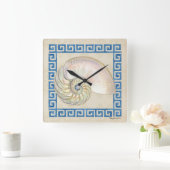 ノーチラス外殻水色ギリシャ鍵ダマスクビーチ スクエア壁時計 (ホーム)