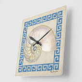 ノーチラス外殻水色ギリシャ鍵ダマスクビーチ スクエア壁時計 (傾斜)