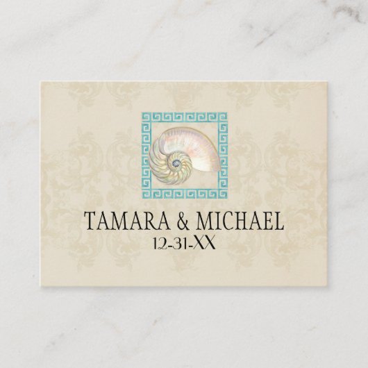 ノーチラス外殻水色ギリシャ鍵ダマスクビーチ プレイスカード (正面)