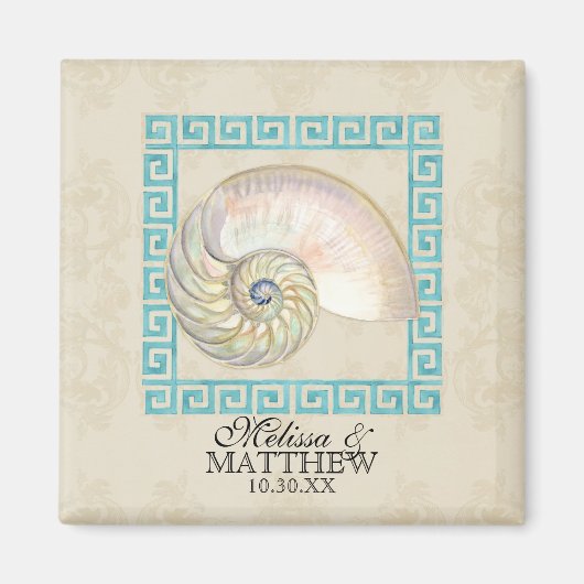 ノーチラス外殻水色ギリシャ鍵ダマスクビーチ マグネット (正面)