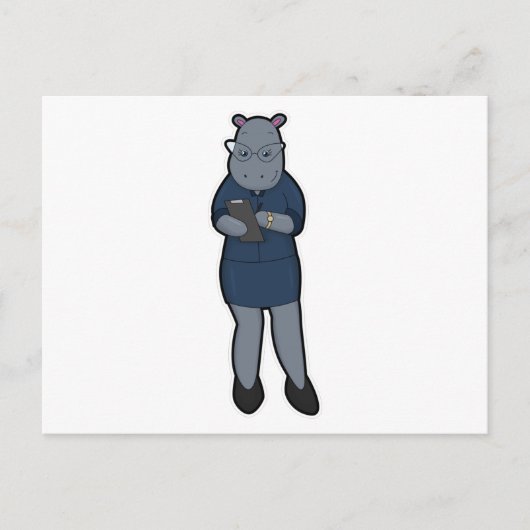 ノートとペンを持ったヒポポタマスの秘書 ポストカード (正面)