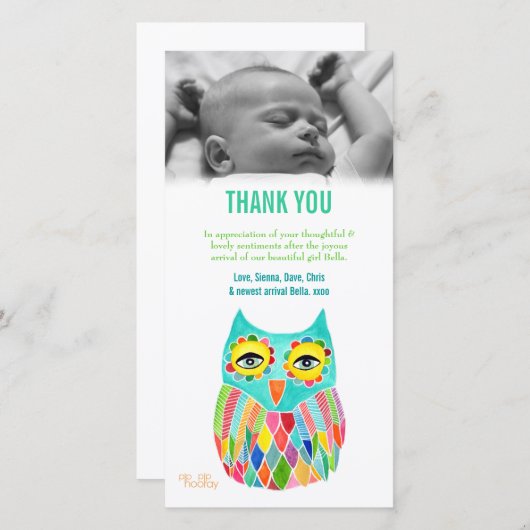 ノートのベビーのフクロウの写真カードテンプレートありがとう サンキューカード (正面/裏面)