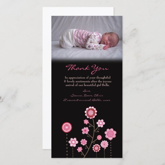 ノートの女の赤ちゃんのピンクの写真カードテンプレートありがとう サンキューカード (正面/裏面)