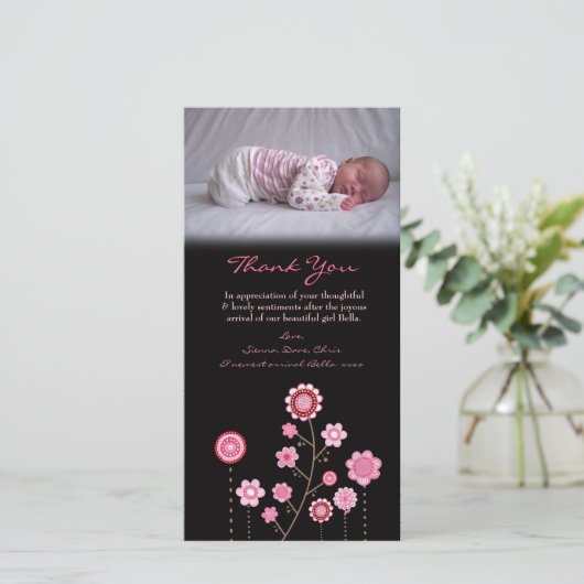 ノートの女の赤ちゃんのピンクの写真カードテンプレートありがとう サンキューカード (スタンド正面)