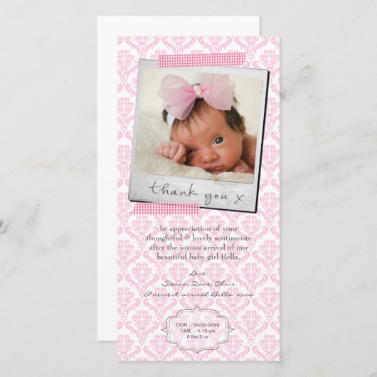 ノートの女の赤ちゃんの発表のテンプレートありがとう サンキューカード (正面/裏面)