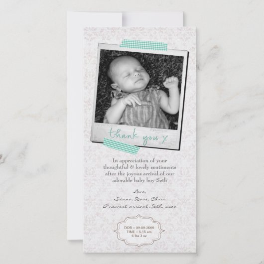 ノートの男の赤ちゃんの発表のテンプレートありがとう サンキューカード (正面)