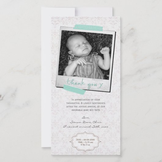 ノートの男の赤ちゃんの青いWashiテープありがとう サンキューカード (正面)