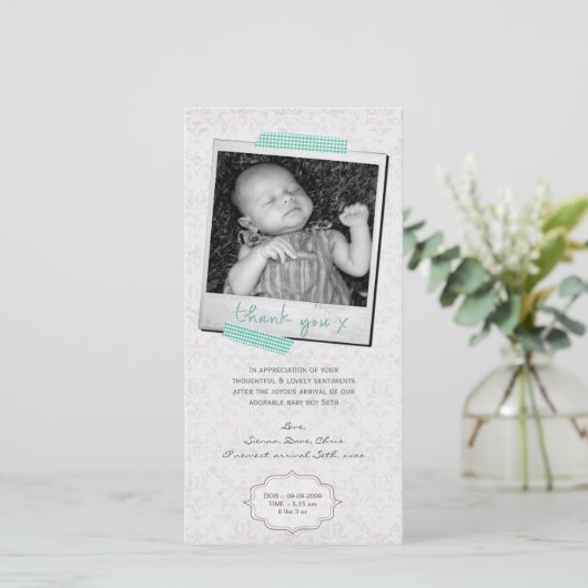 ノートの男の赤ちゃんの青いWashiテープありがとう サンキューカード (スタンド正面)