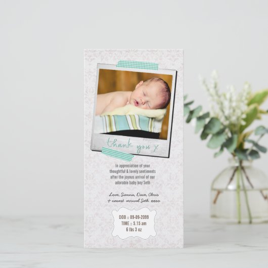 ノートの男の赤ちゃんの青いWashiテープありがとう サンキューカード (スタンド正面)