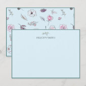 ノートカードエレガントフラットボモダンタニカルブルー サンキューカード (正面/裏面)