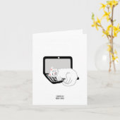 ノートパソコンで寝る白猫 小さなグリーティングカード カード (黄色い花)