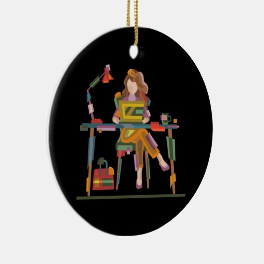 ノートパソコンで誠実に働く女の子96 セラミックオーナメント (右)