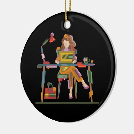 ノートパソコンで誠実に働く女の子96 セラミックオーナメント (左)