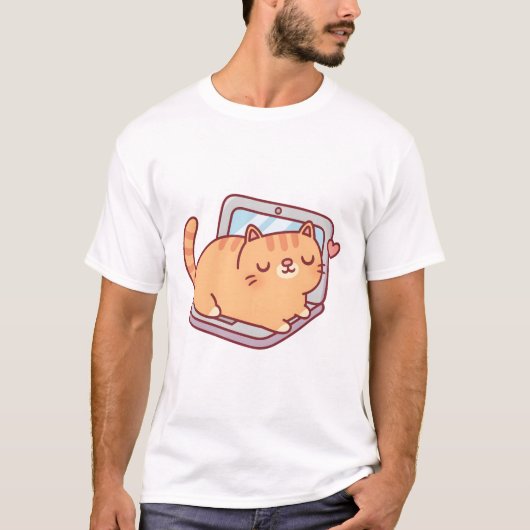 ノートパソコンに置いたかわいい丸いタビー猫 Tシャツ (正面)