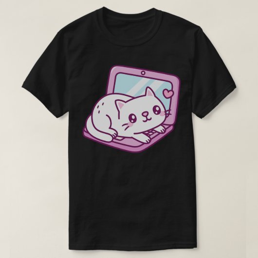 ノートパソコンに置いたかわいい白猫 Tシャツ (デザイン正面)