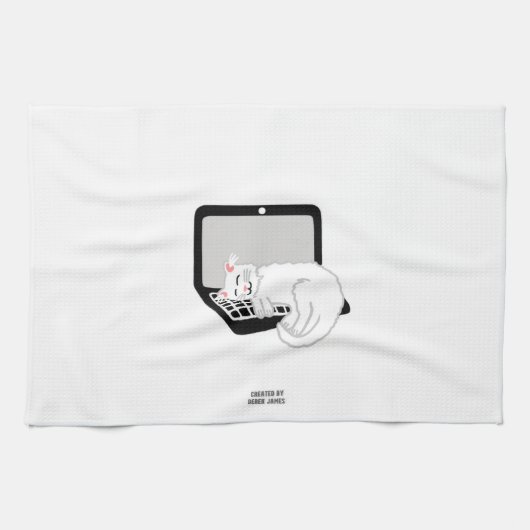 ノートパソコンのキッチンタオルで寝る白猫 キッチンタオル (横)