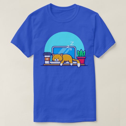 ノートパソコンの漫画で眠っている猫 Tシャツ (デザイン正面)