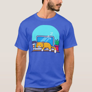 ノートパソコンの漫画で眠っている猫 Tシャツ