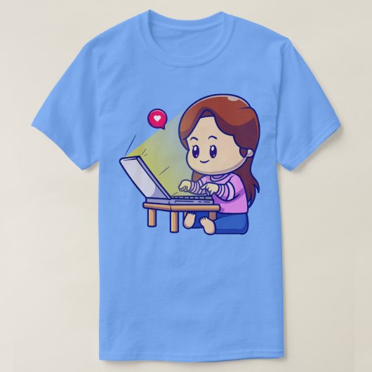 ノートパソコンの漫画に取り組む可愛い少女 Tシャツ (デザイン正面)
